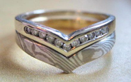 Koori and Avani Mokume Gane Wedding Ring Set with Diamonds 